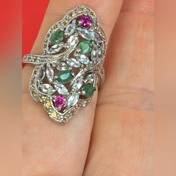 925 Sterling Silver Ring Sz 8 with Natural Emerald, Rhodolite, Sapphire, Topaz - Picture 8 of 9